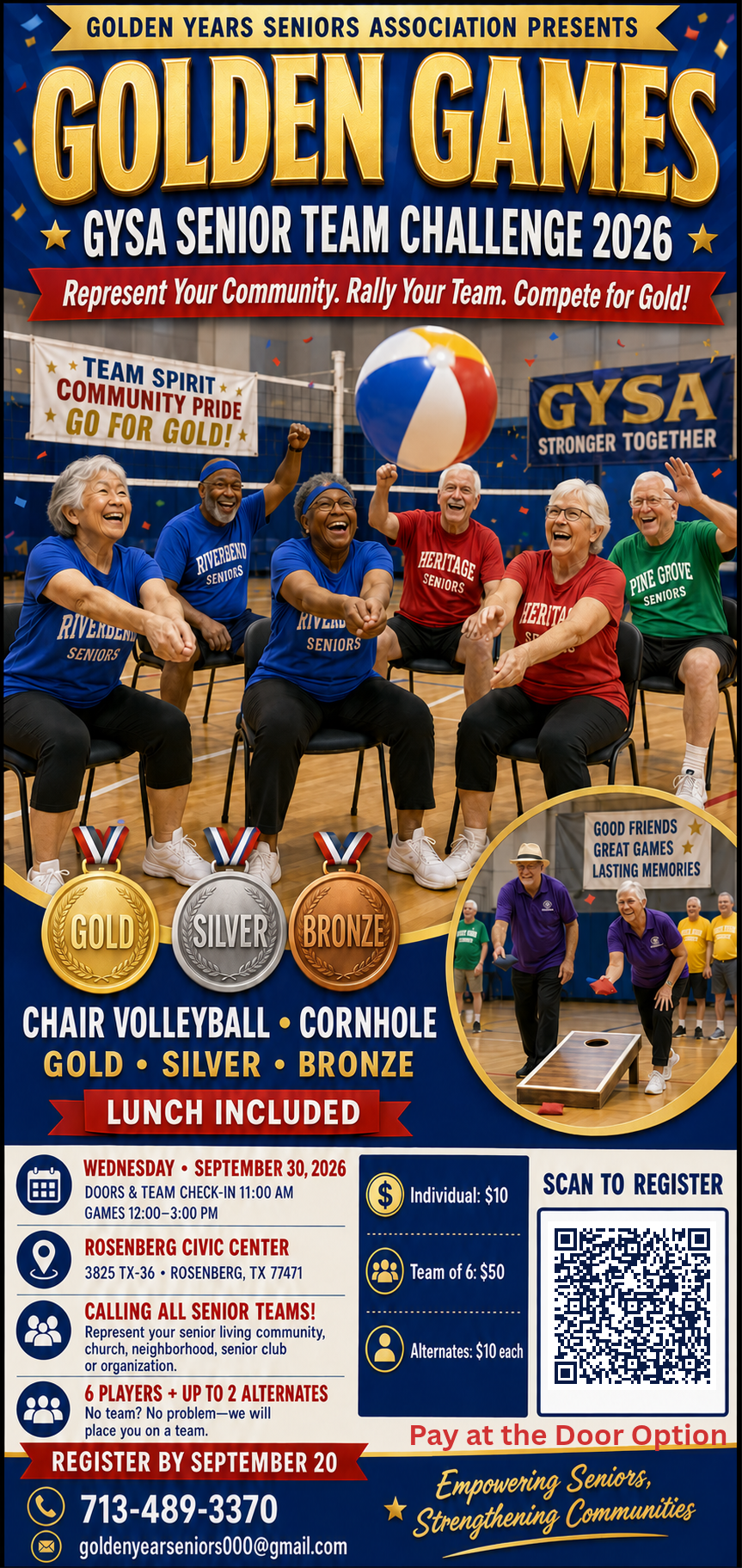Golden Games flyer: GYSA Senior Team Challenge 2026, Wednesday September 30 2026, Rosenberg Civic Center, chair volleyball and cornhole, lunch included